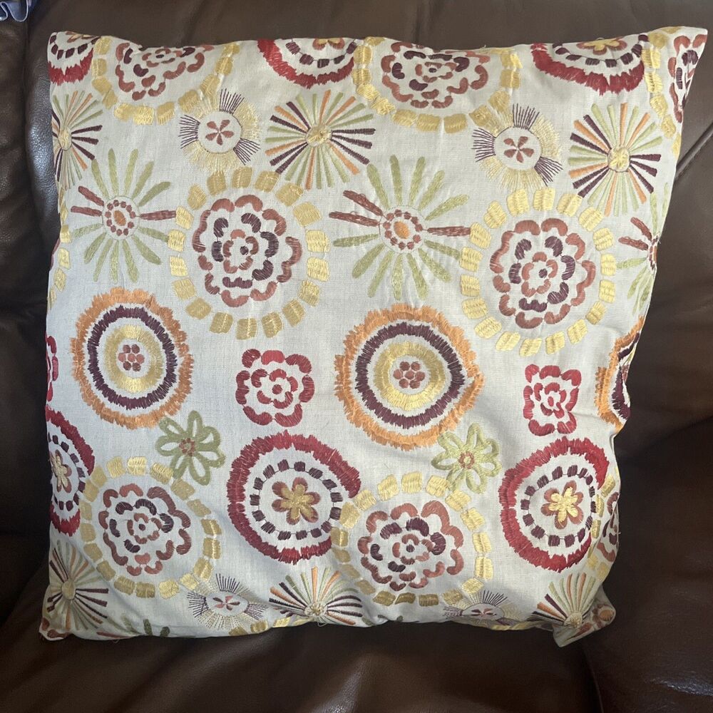 Unbranded Floral Embroidery Square Decorative Pillow Multicolor 21.5x 21.5